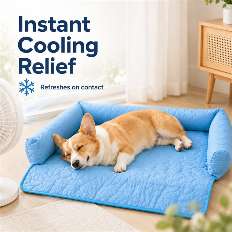 Dog sleeping on the Pawlax cooling mat next to a fan